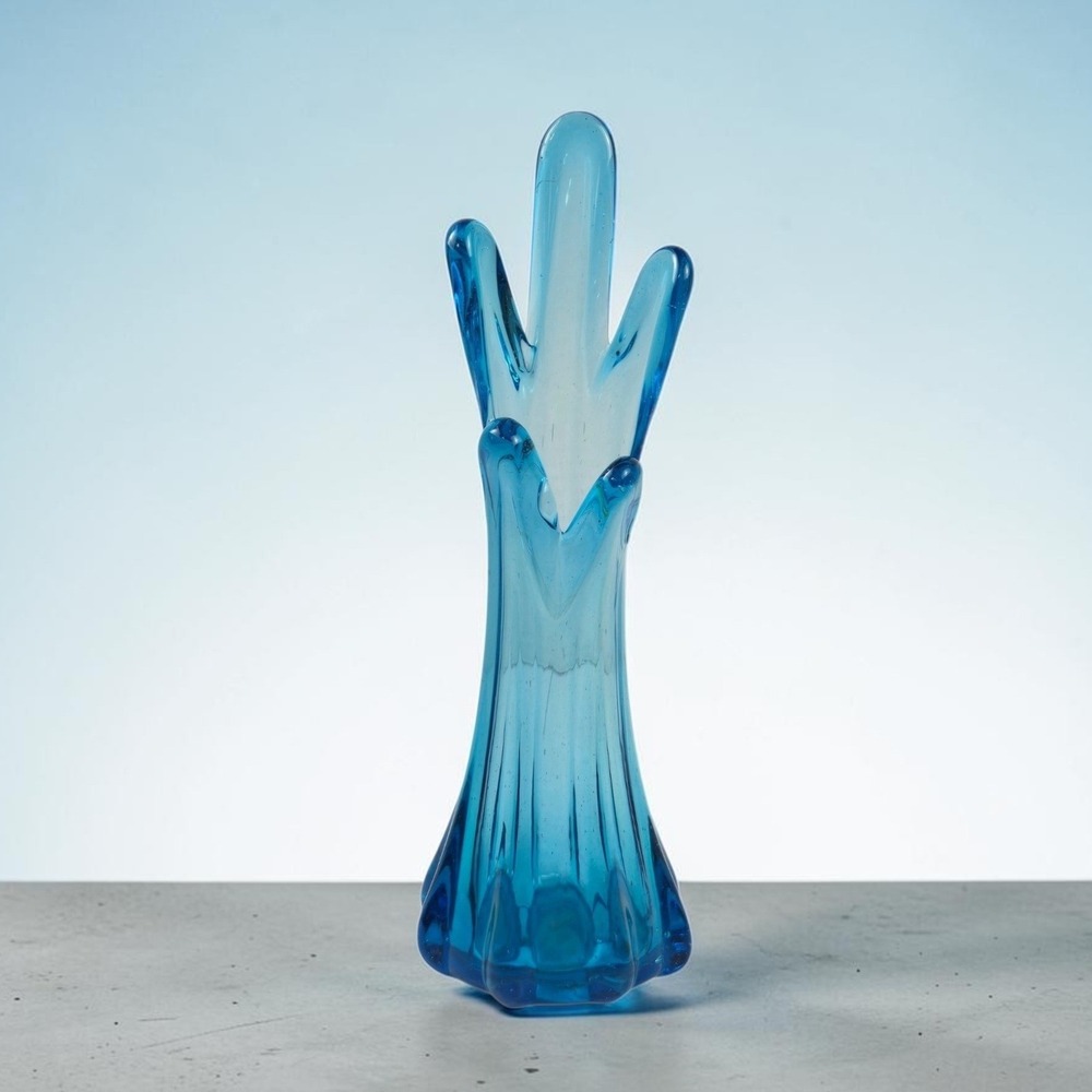 Vintage 60s Art Glass 5 Finger Swung Vase MCM Hand Blown Blue 9" Taiwan MCM MINT